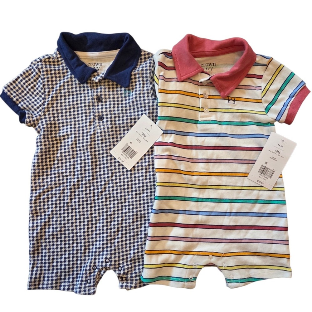 Crown & Ivy Baby Boys 12M Polo Romper 2 Pack Houndstooth Striped Multi Color NEW